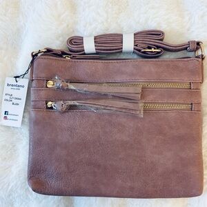 B BRENTANO Crossbody Handbag Vegan Mini Multi-Zipper Purse Tassel Accents Blush